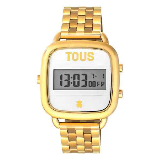 Relógio digital com pulseira em aço com revestimento IP dourado e logotipo D.