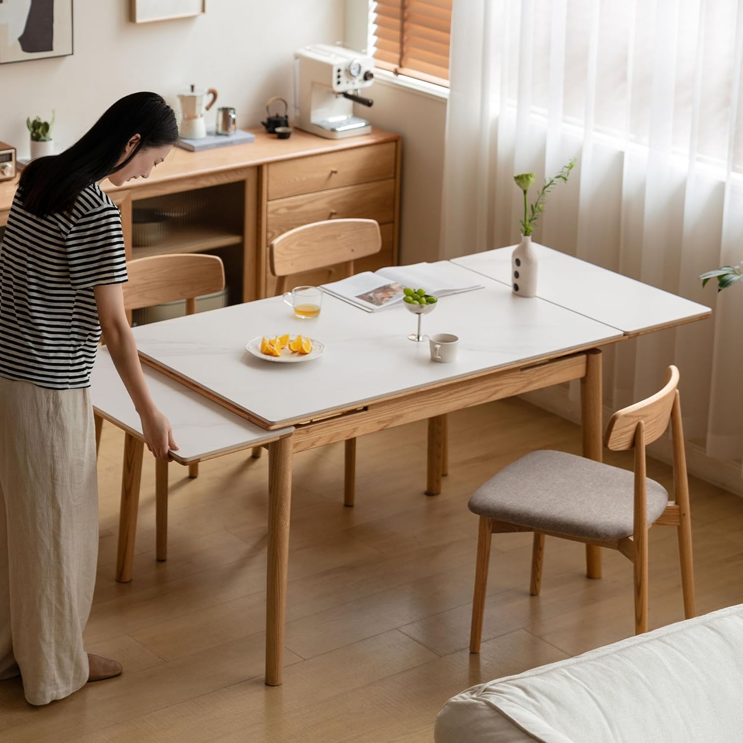 YESWOOD Esstisch ausziehbar aus massivem Gummibaumholz, Esstisch Keramik, 0 Furnier，ausziehbarer Tisch für 2 bis 6 Personen, für Esszimmer und Wohnzimmer (90-150) x 70 x 76 cm, Beige