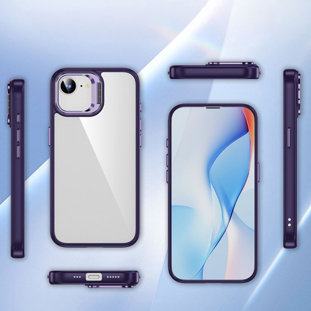 iPhone 16e Hybrid Hardcase Hülle TPU Bumper   Kunststoff Rückseite mit Kamera Kickstand - Violett / Transparent