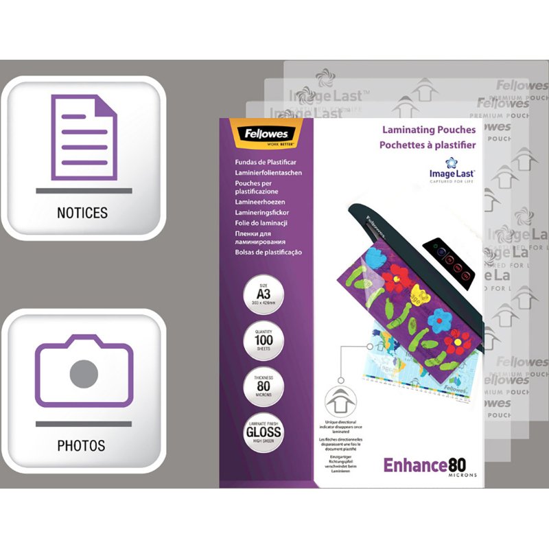Pochettes de plastification Fellowes A3 2 x 80 µ brillantes - Boite de 100