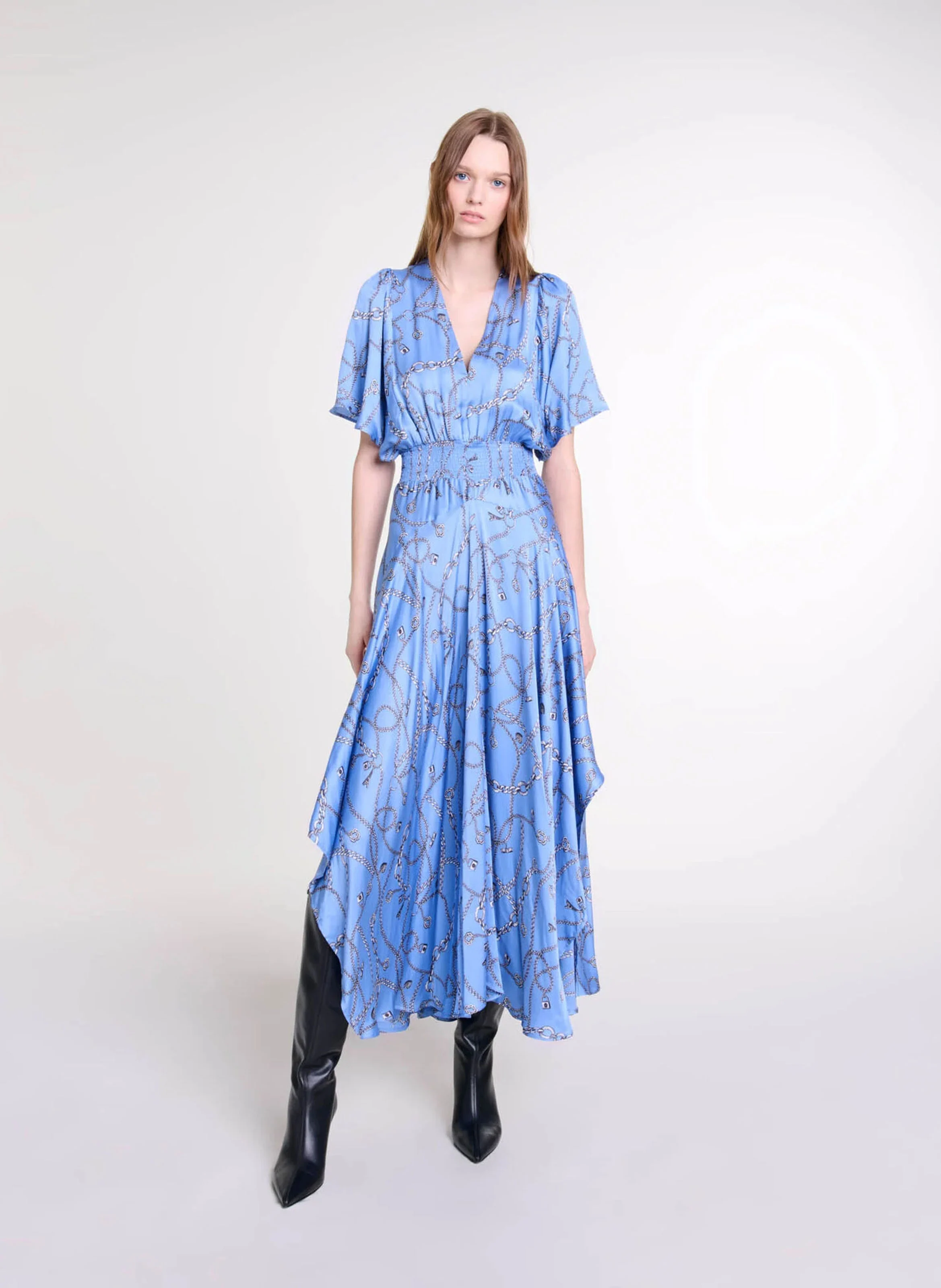 Robe longue col V imprimée | Bleu