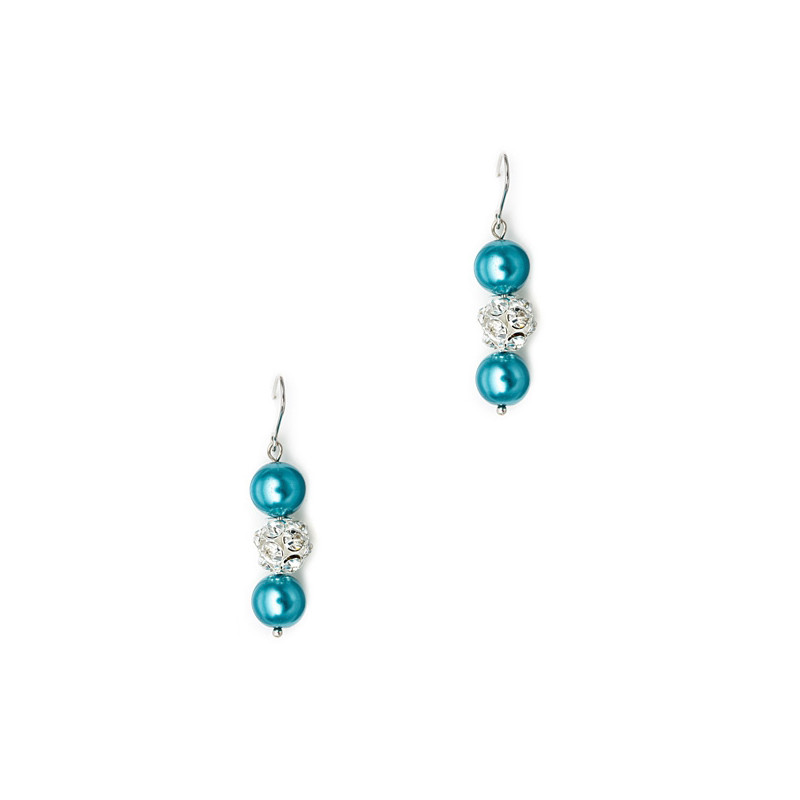 Parure Collier, Bracelet et Boucles d'oreilles Perles Bleues, Cristal et Plaqué Rhodium