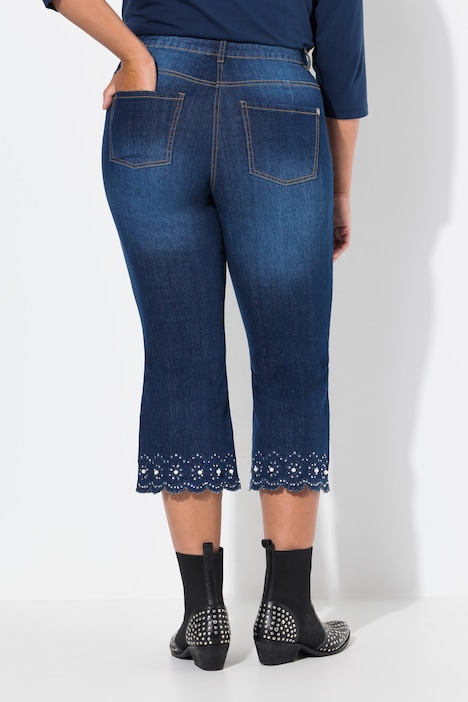 7/8-Jeans, Flared Fit, Lochstickerei, Zierperlen am Schlagsaum, 5-Pocket