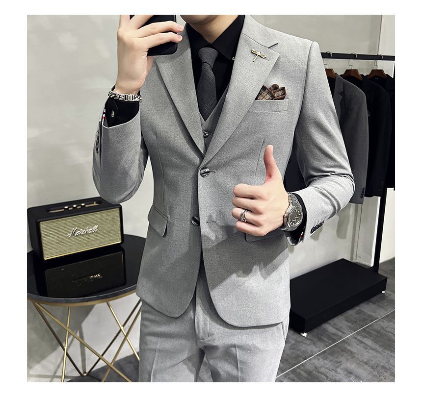 Deepwood - Set: effen enkelrijs blazer + vest + rechte pantalon