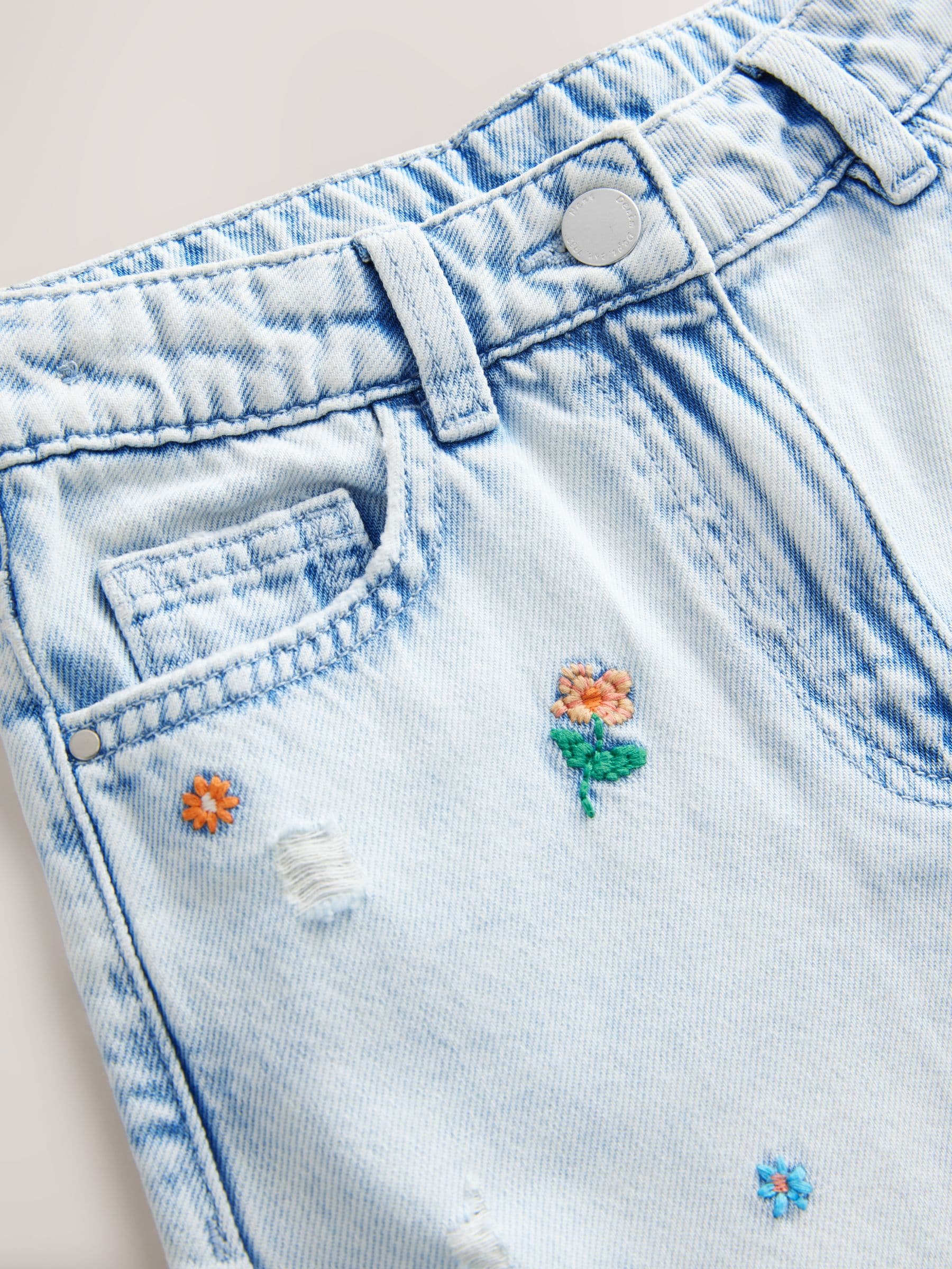 Normaal blauw - Jeans met rechte pijpen en bloemenborduursel (3-16jr)