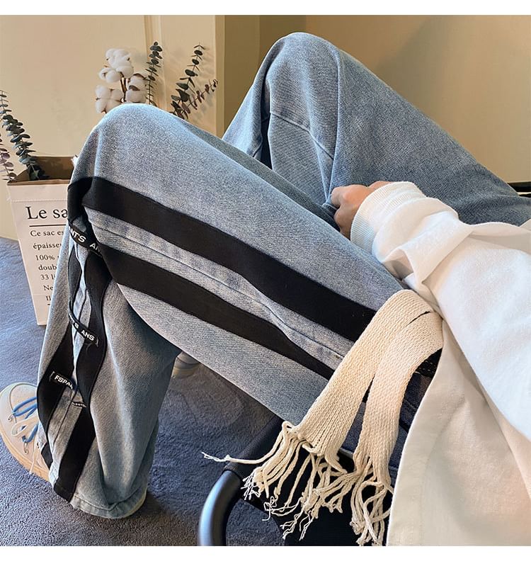 Cowpow - Mid Rise Lettering Striped Washed Wide Leg Jeans