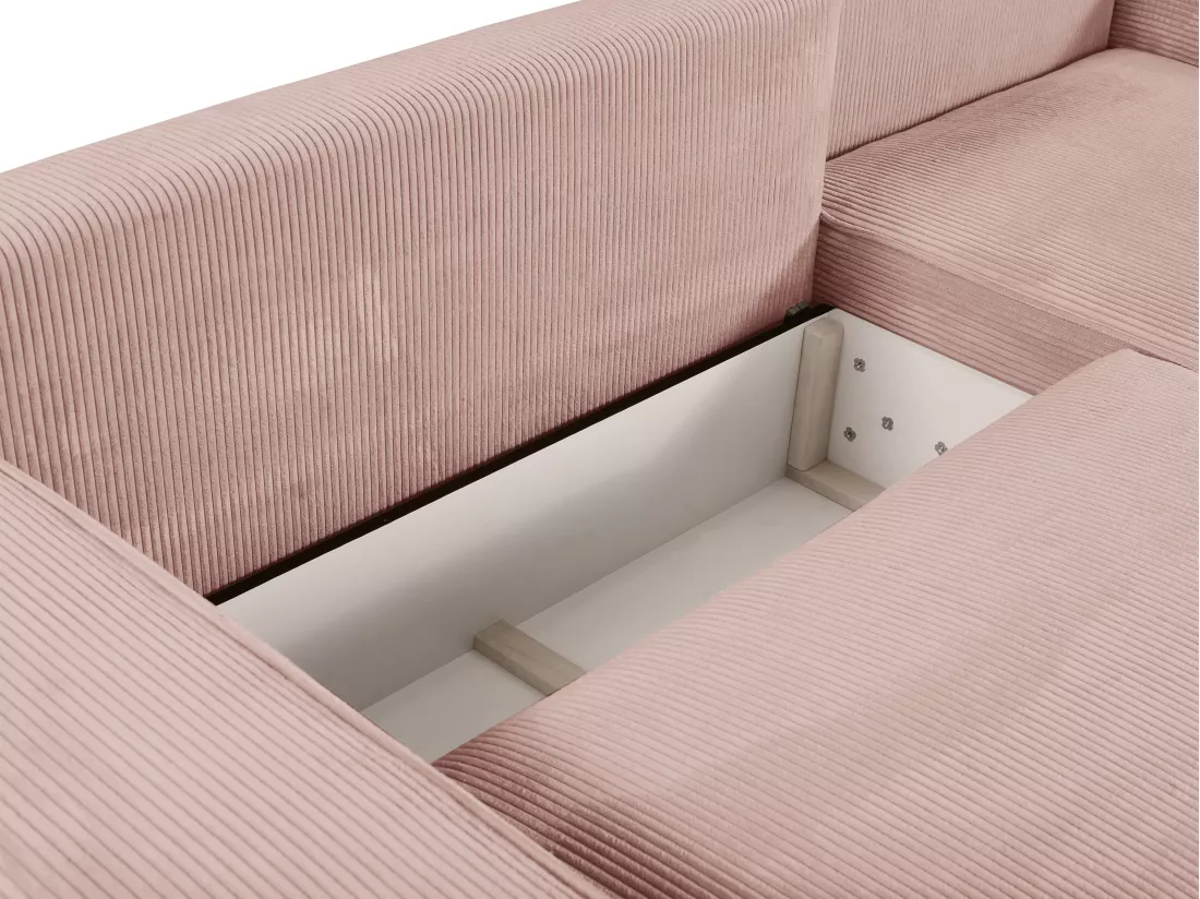 Canapé d'angle droit convertible en velours côtelé rose poudré AMELIA