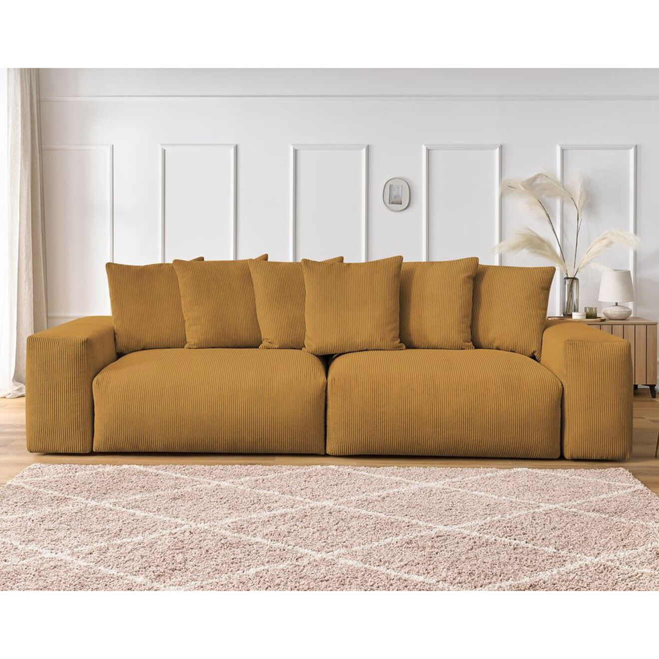 Bobochic Canapé 4 places moelleux voltaire velours côtelé jaune - 320x124x75 cm