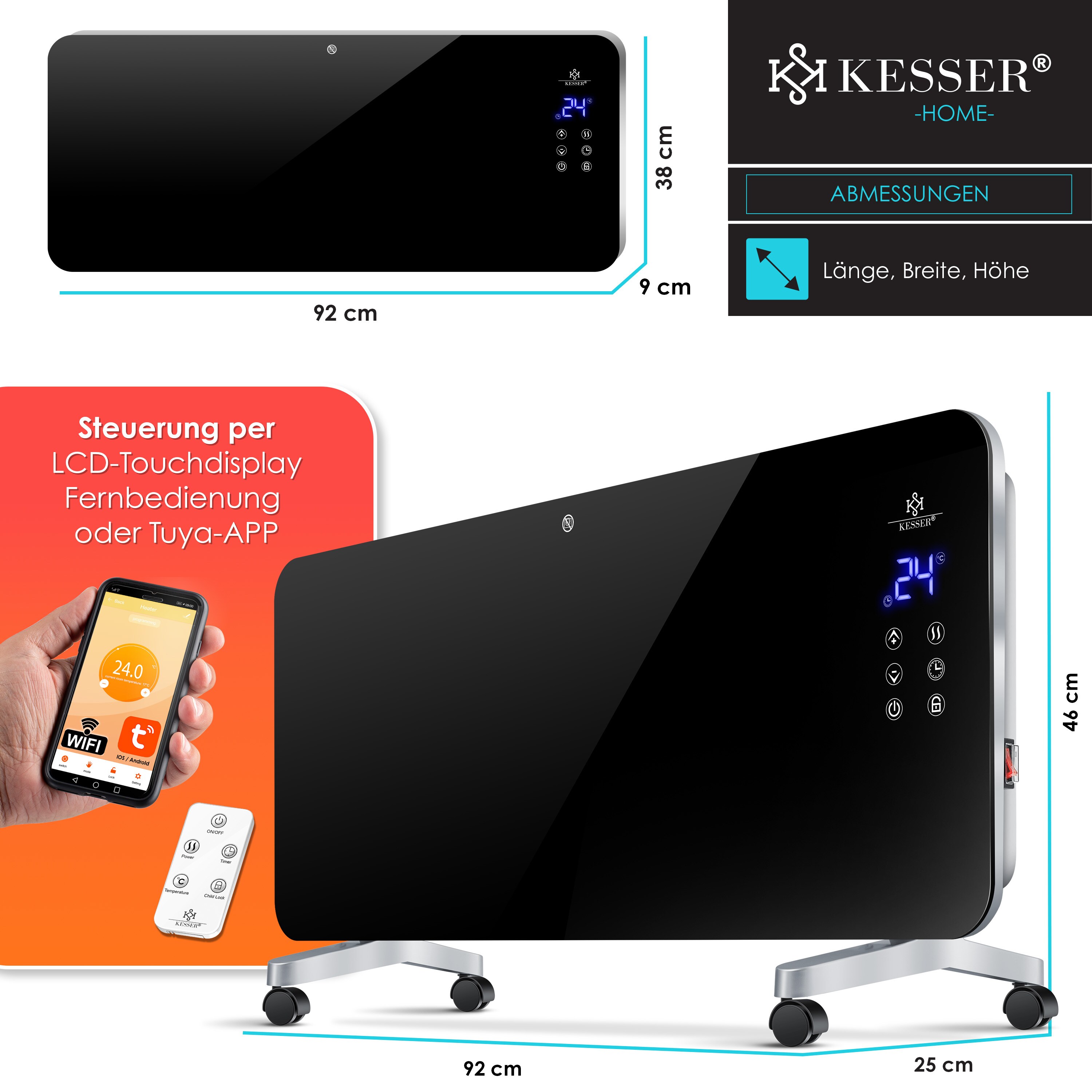 KESSER® Elektro Glasheizung Konvektor Elektroheizung Heizung Heizkörper Touch Display