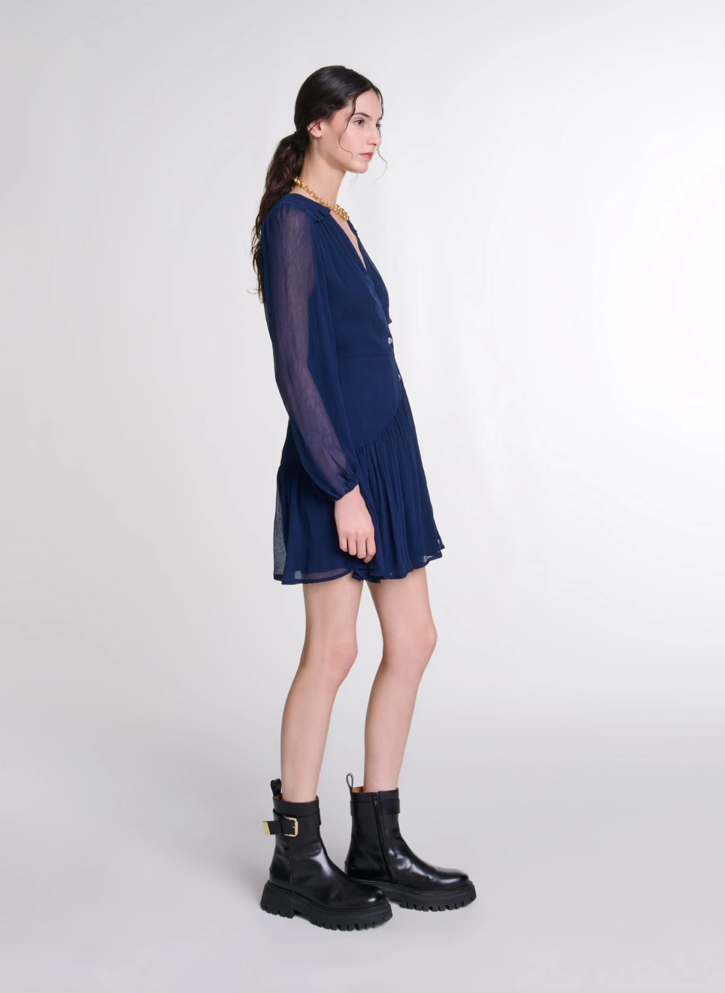 Robe courte volantée col V | Bleu