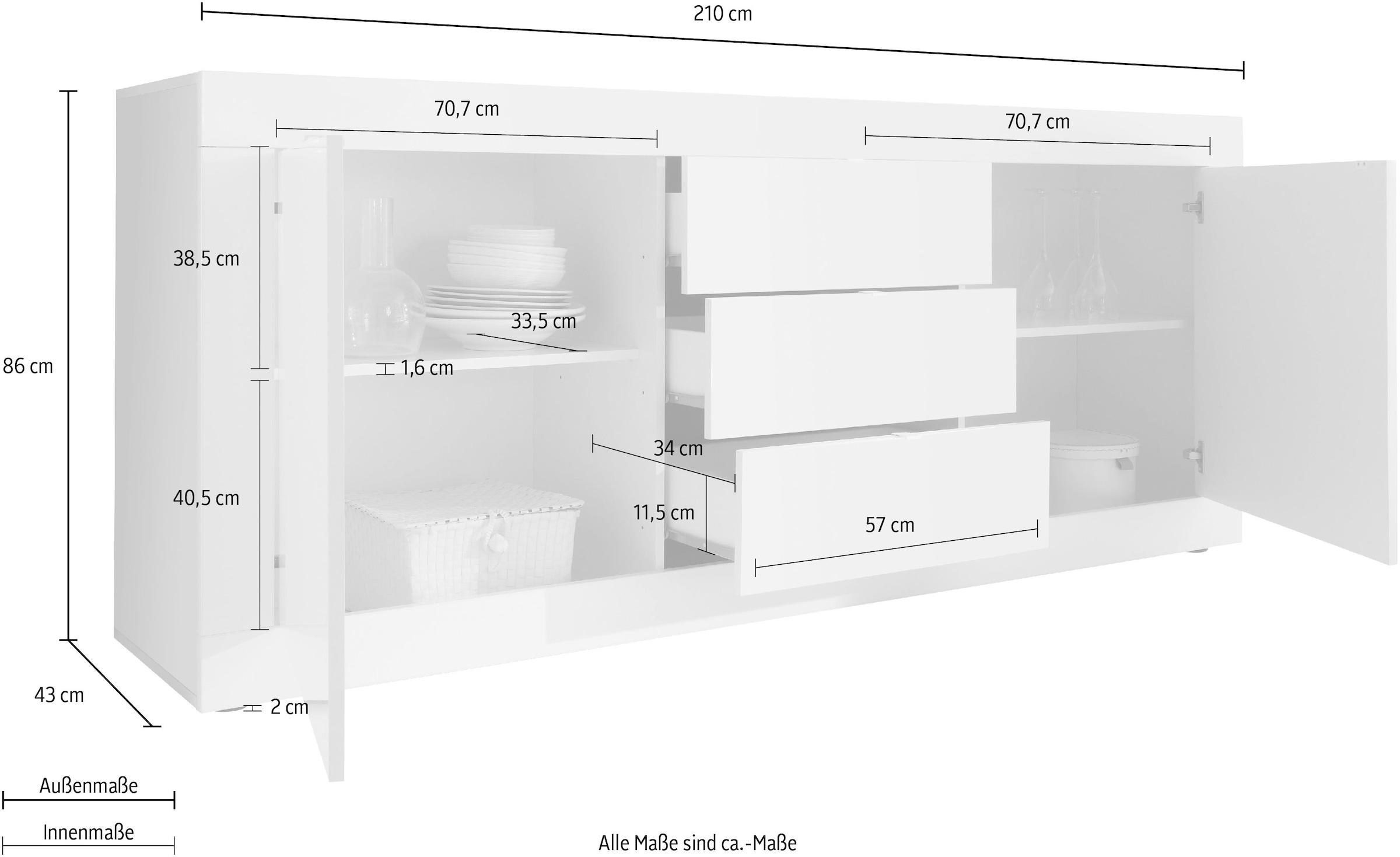 INOSIGN Sideboard »Basic Breite 210 cm, Kommode 2 Türen, 3 Schubkästen, Anrichte,« Metallgriff, moderne Rahmenoptik, viel Stauraum, Farbauswahl