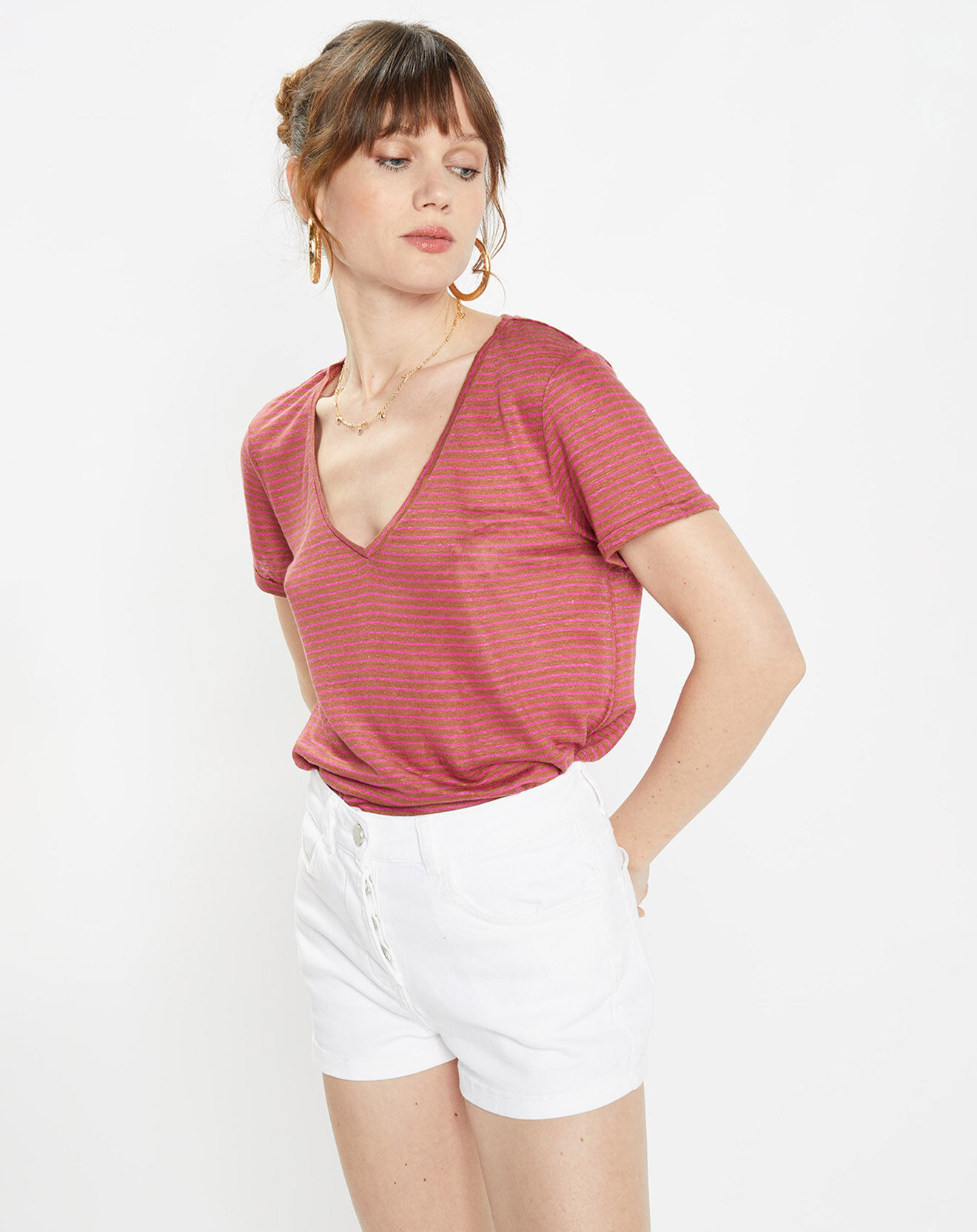 Galeries Lafayette T-Shirt 100% Lin Day marron/rose