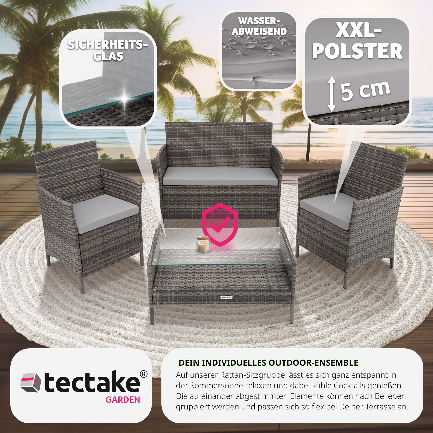 tectake® Rattan Sitzgruppe, für 4 Personen, UV-beständig, einfacher Aufbau