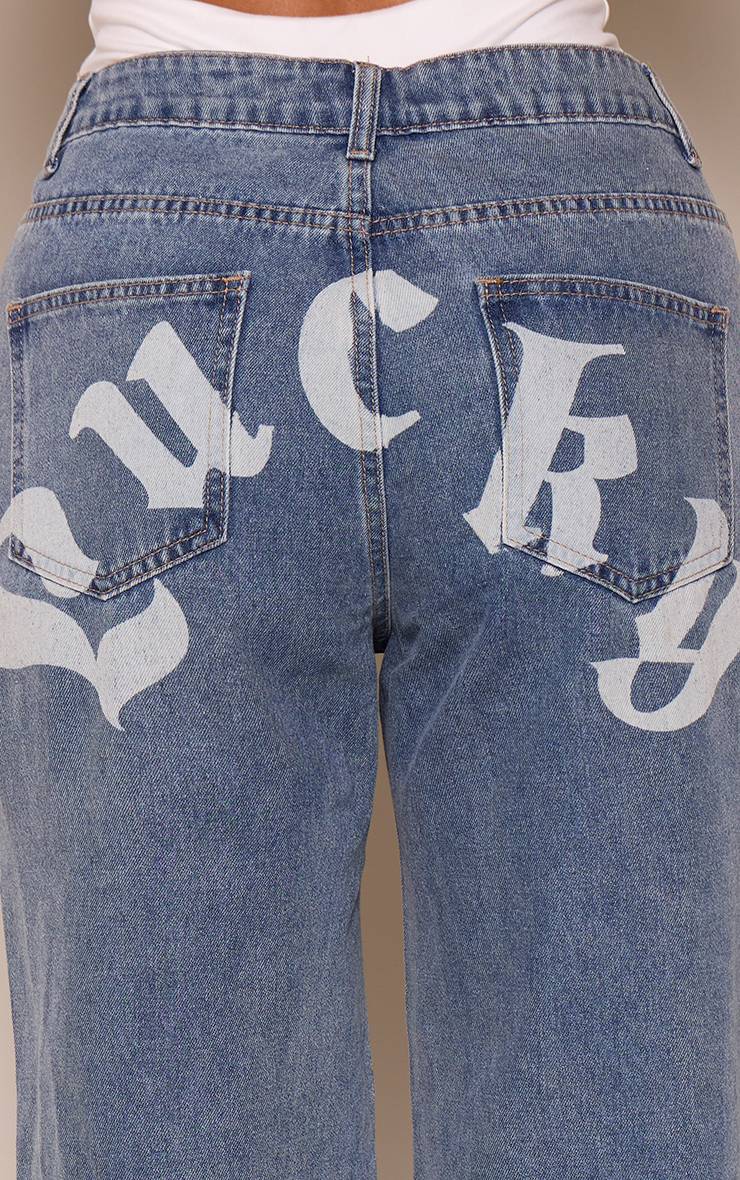Délavage Vintage Jean En Denim Large Taille Basse Délavé Vintage À Imprimé Graphique Shape