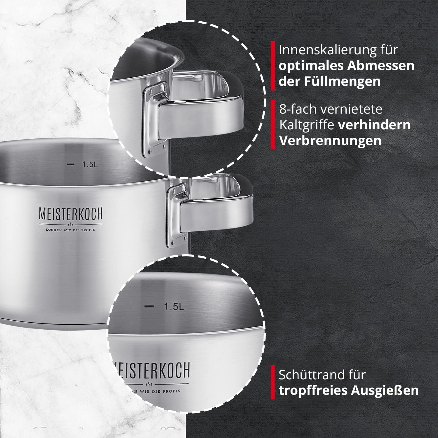 MEISTERKOCH Premium-Topfset aus rostfreiem Edelstahl | Profi-Kochgeschirr 4-teilig inklusive 3 Glasdeckel | isolierende Kaltgriffe, Induktion, Innenskala | 16-24 cm Durchmesser