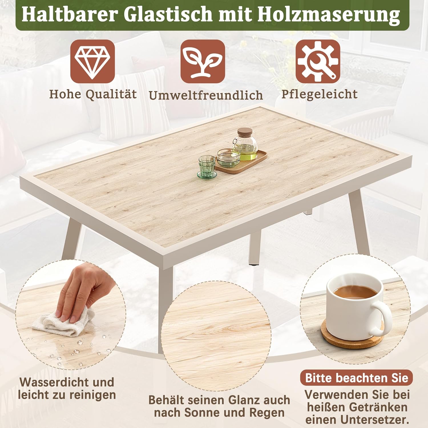 Merax Gartensofa-Set Gartensofa für 7 Personen, Robustes Eisengestell und beige Polster, Tisch mit Holzoptik-Glasplatte & 2 Sesseln, Wetterfeste Terrassen-Garnitur für Garten, Balkon & Terrasse