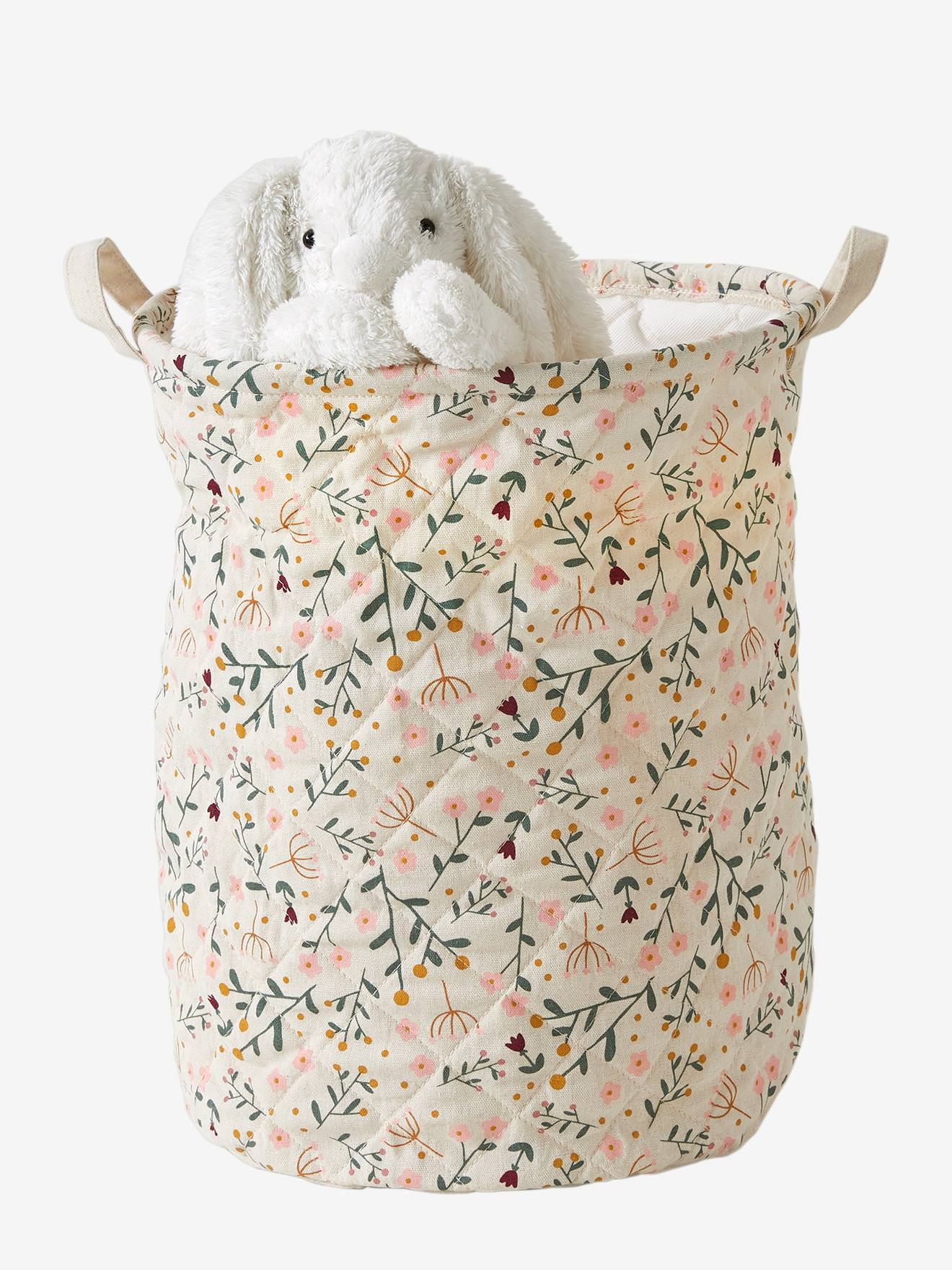 Cesta acolchoada com estampa floral bege clara