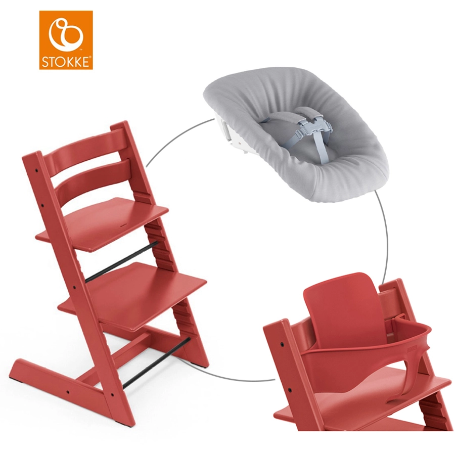 STOKKE® Mega Tripp Trapp® Set Hochstuhl Buche Warm Red inkl. Newborn Set™ Grey und Baby Set Warm Red