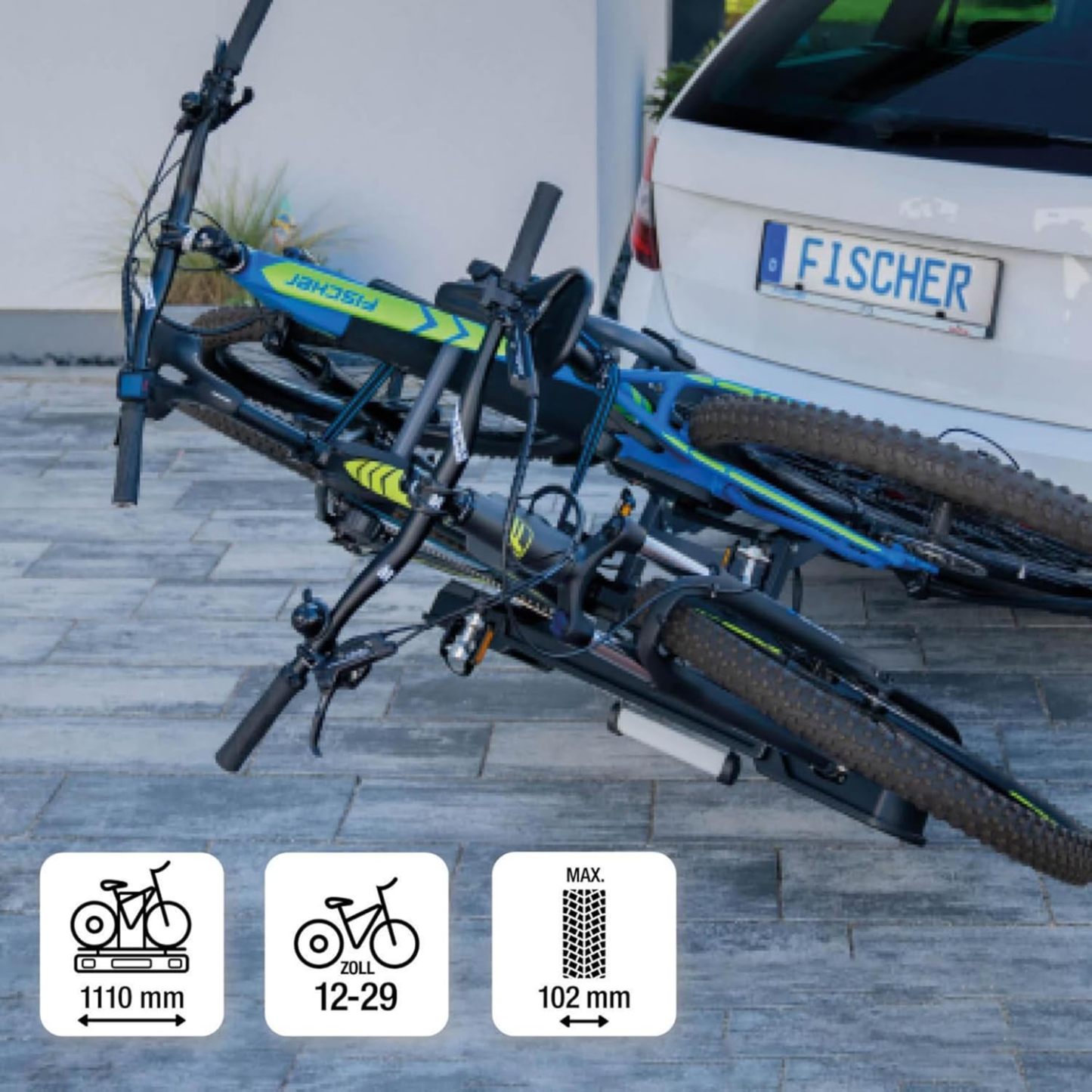 Fischer Kupplungs-Fahrradträger ProlineEvo 2, für 2 Fahrräder bis 60kg Nutzlast, E-Bike geeignet, vormontiert, abschließbar, faltbar