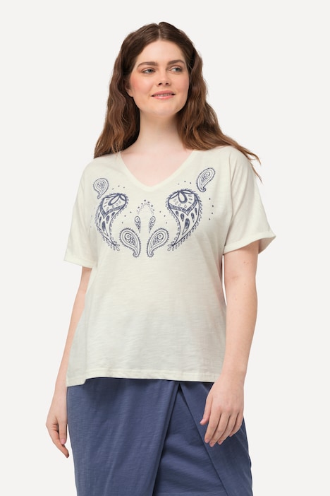 T-Shirt, Flockdruck, V-Ausschnitt, Halbarm, Biobaumwolle