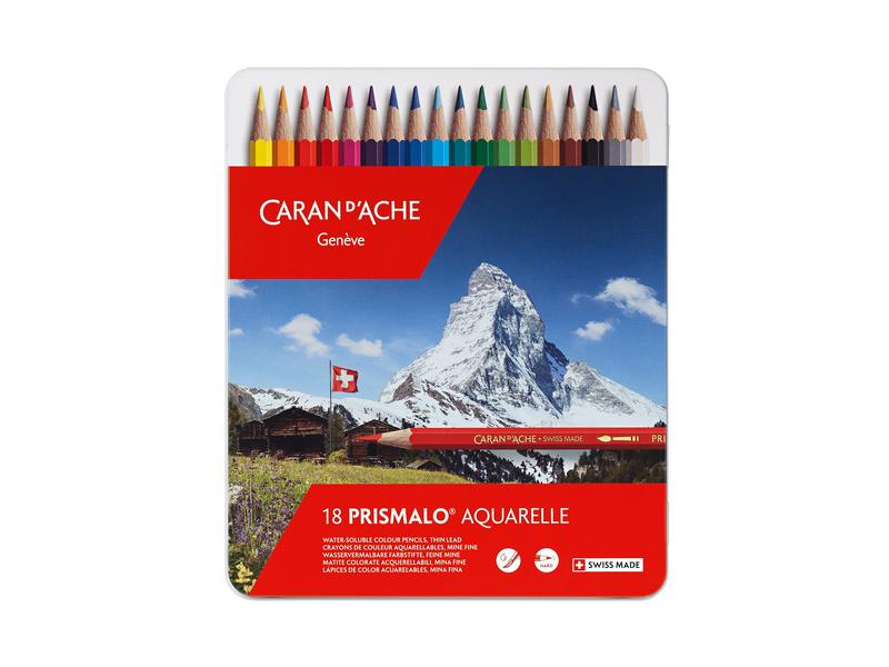Caran d'Ache Farbstifte Prismalo 18 Stück Wasservermalbare Malstifte in robuster Metallschachtel