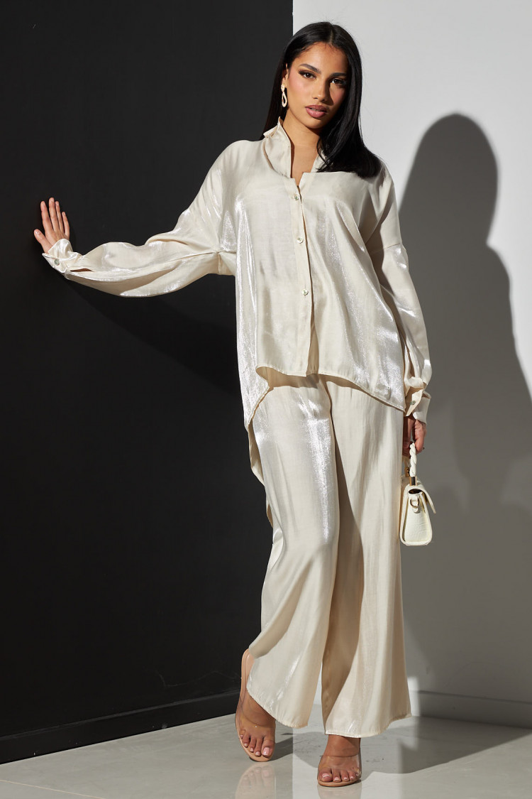 Ensemble 2 pièces chemise + pantalon satiné écru