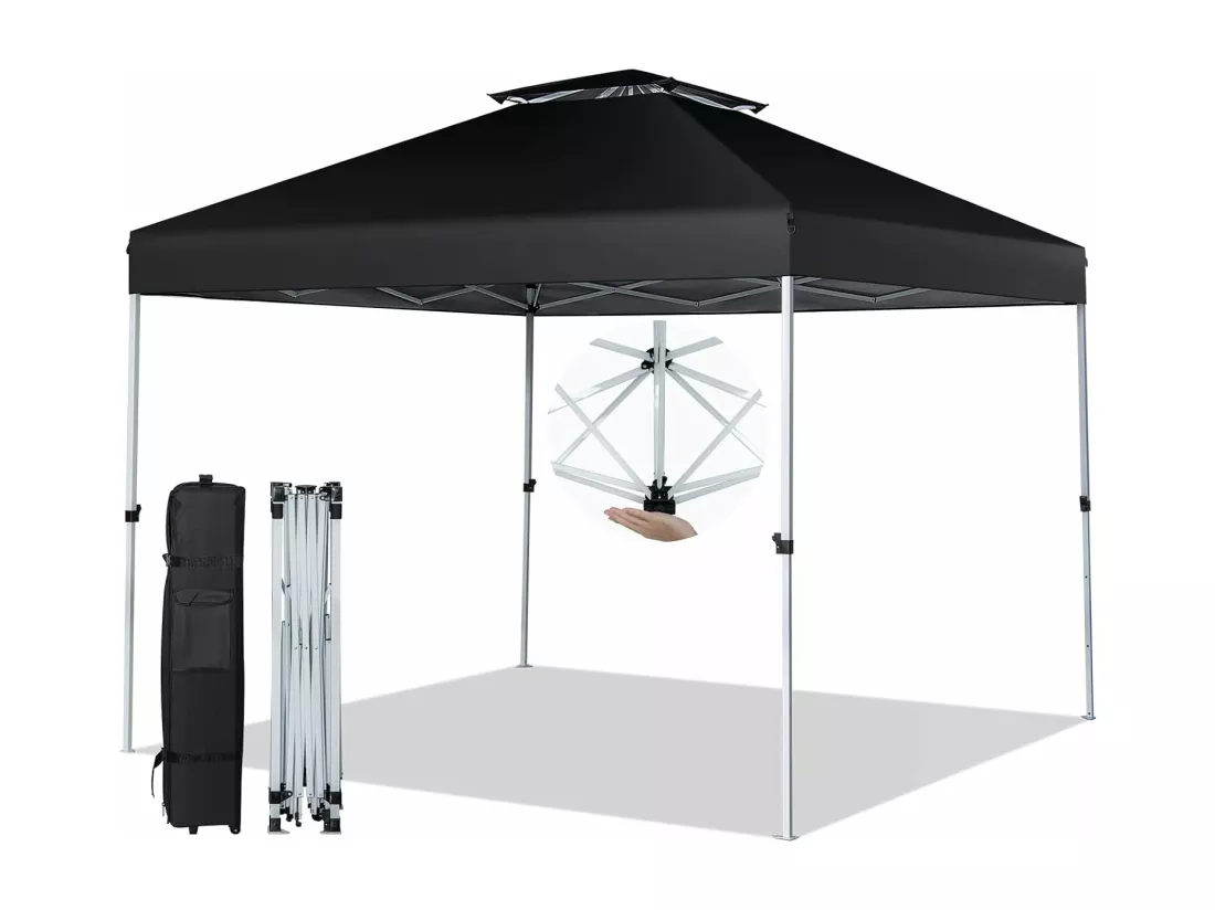 Tonnelle de Jardin Instantanée 305x305cm Toit Double Ventilé, Tente de Jardin Anti-UV Imperméable à 3 Hauteurs 217/246/275CM avec Sac à roulettes pour Patio CamBoisg (Noir)