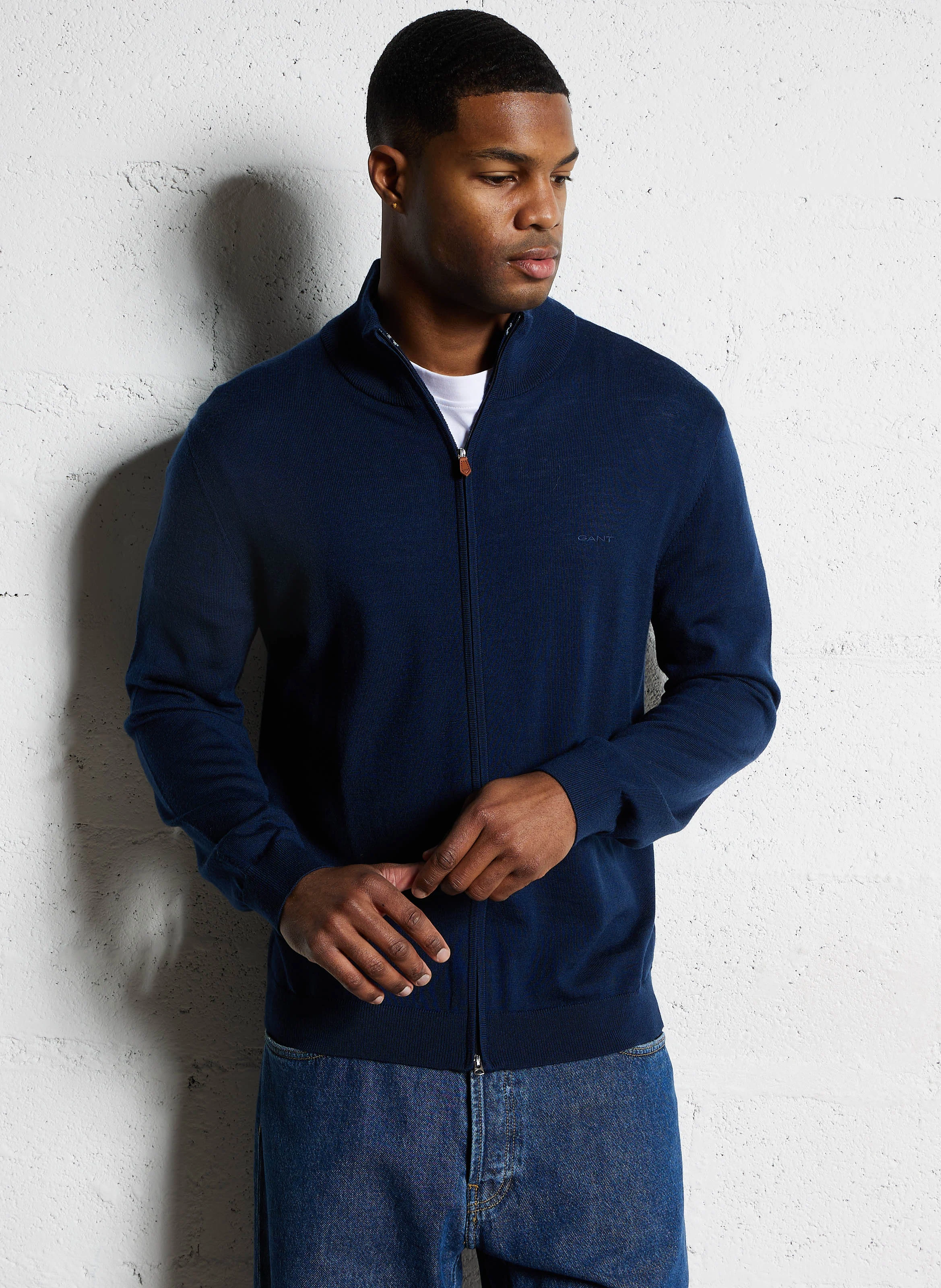 Gilet droit col montant en laine | Bleu