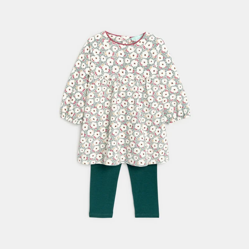 Robe fleurie molleton et legging verte bébé fille Vert