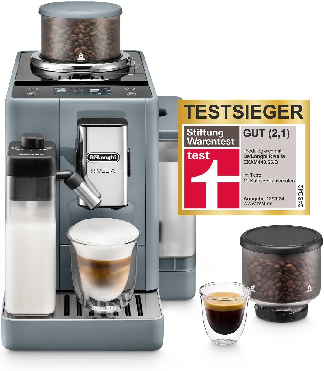 De'Longhi Rivelia - Perfetto Kaffeevollautomat mit LatteCrema-Milchaufschäumer, 16 One-Touch-Getränke, farbiges Touch-Display, austauschbare Bohnenbehälter, Grau (EXAM440.55.G)