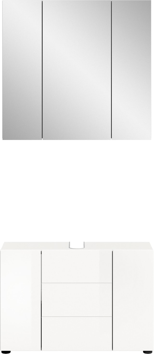 welltime Badmöbel-Set »BIEL, TOPSELLER!, 2 teilig, hochwertige MDF Front, Rillenoptik« 2 teiliges Set, bestehend aus: Waschbeckenunterschrank, Spiegelschrank, 2 Stk. tlg.