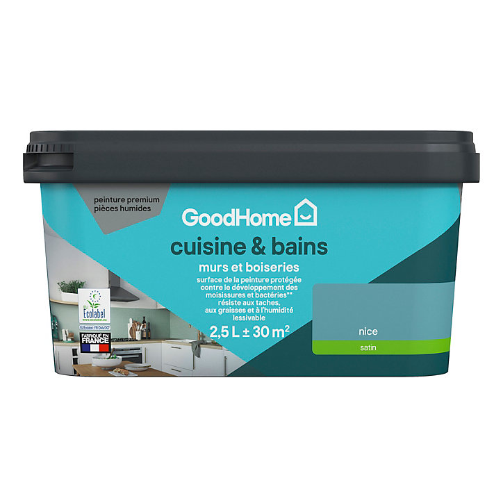 Peinture cuisine et salle de bains GoodHome bleu Nice satin 2,5L