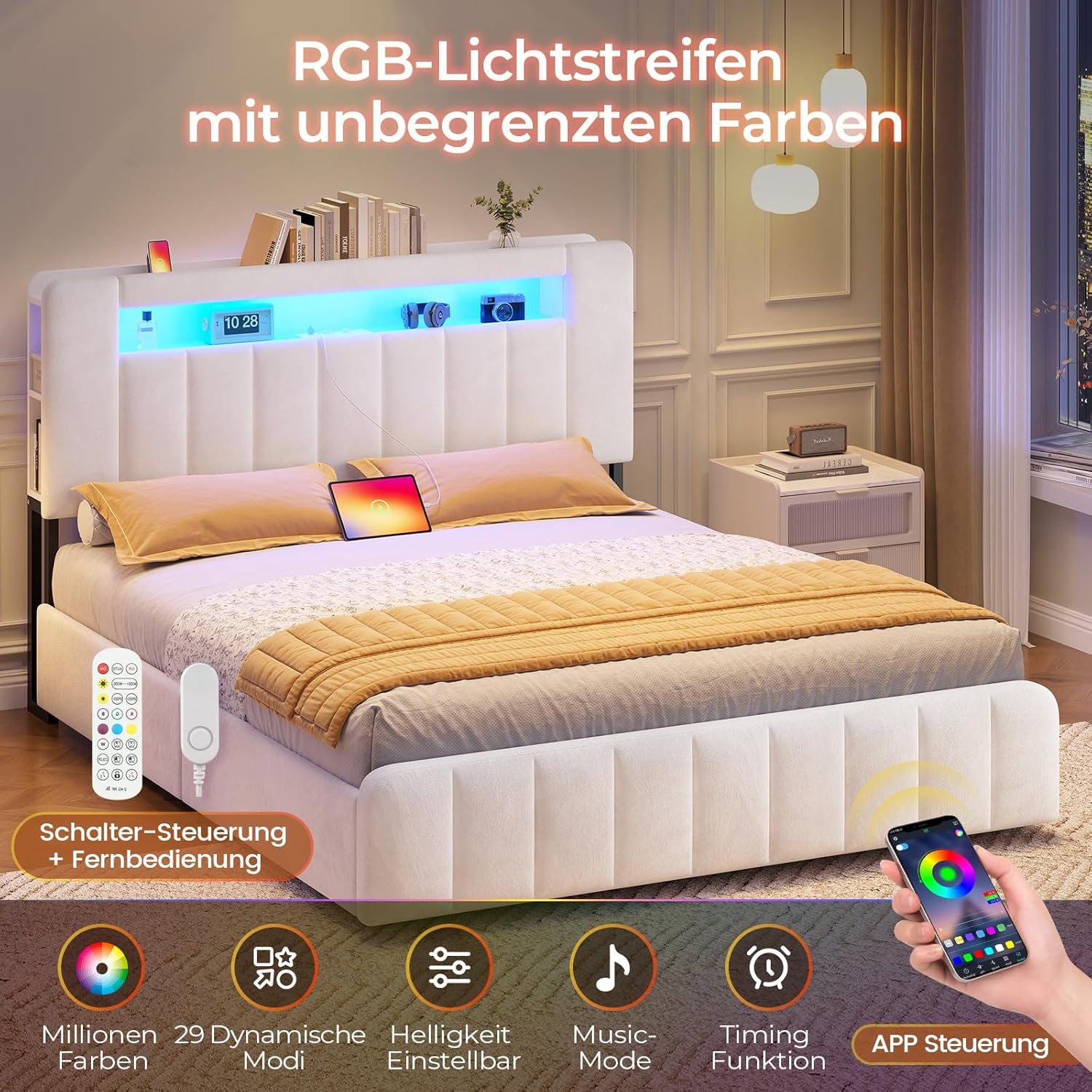 AOGLLATI Polsterbett 140x200 cm mit Stauraum - 4 Schubladen Jugendbett mit LED-Beleuchtung & Ladestation,Doppelbett mit Kopfteil aus Samt Bett 140x200 mit Lattenrost-ohne Matratze,Beige Samt