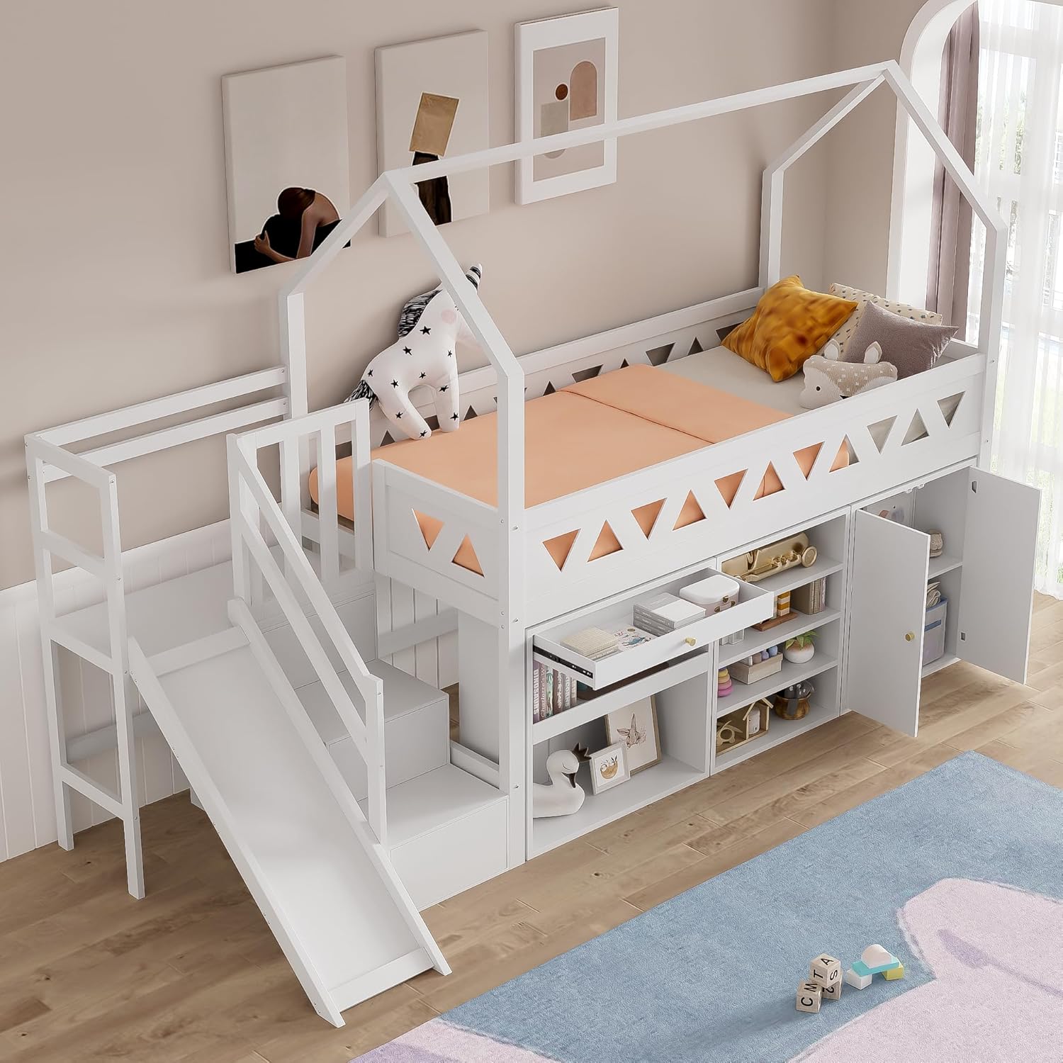 Merax Kinderbett Hochbett 90x200 cm, mit Treppe Staufach Stauraum,Rutsche,Schreibtisch,Schließfach,Platzsparendes Kinder Einzelbett mit Lattenrost und Rausfallschutz,Ohne Matratze,weiß,90 * 200cm