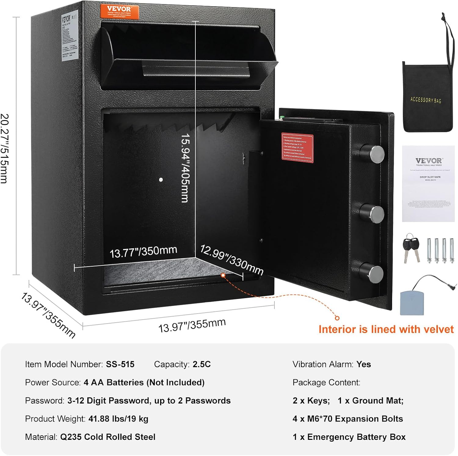 VEVOR 2,5 L Einwurftresor, Deposittresor mit Drop-Slot, elektronischem Codeschloss und 2 Notfallschlüsseln, 355 x 355 x 515 mm, Business Drop Slot Safe für Bargeld, zu Hause, Hotel, Büro