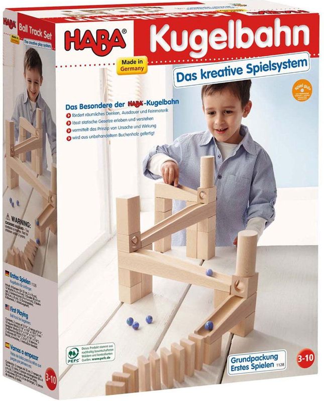 Haba - Knikkerbaan Basisdoos - Houten Knikkerbaan - Onbehandeld Beukenhout - 4 Hellingen, 12 Kubussen
