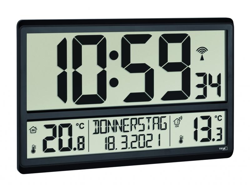 TFA Dostmann Funk-Wanduhr XL mit Aussen- und Innentemperatu Digitale Uhr mit Snooze-Funktion und Zeitzone