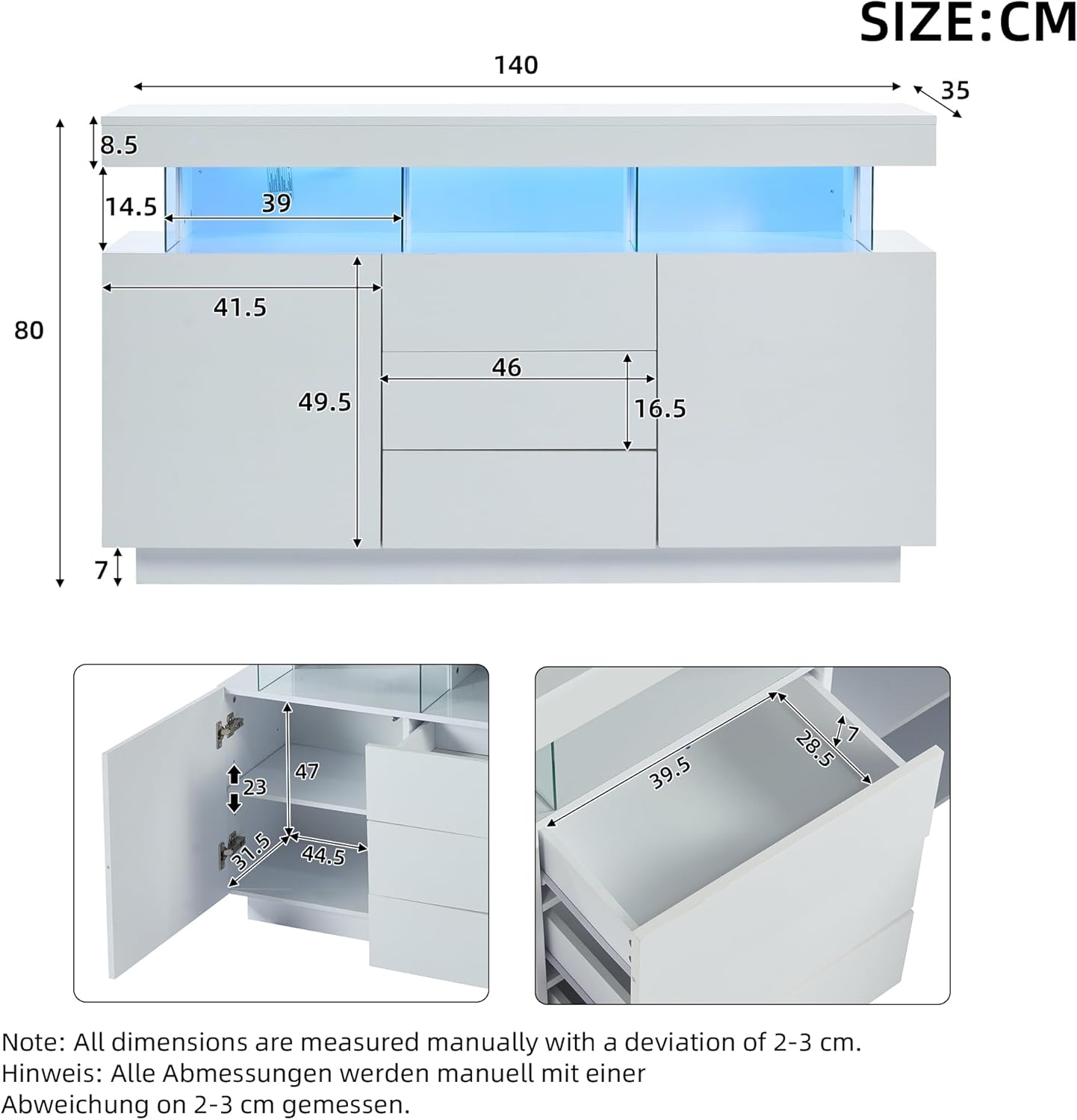 Kayan Kommode, Hochglanz Sideboard mit 2 Türen, 3 Schubladen und 3 offenes Regal, 16-Farbigem LED Beleuchtung, Mehrzweckschrank für Wohnzimmer und Schlafzimmer, 140 x 35 x 80 cm, Weiß
