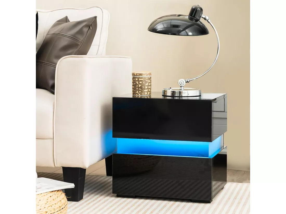 Table de Chevet LED 2 Tiroir, Table de Nuit Lumineuse Télécommandée, 22 Modes, 5 Luminosités, 10 Vitesses, Panneaux Acryliques, Noir, Table d’Appoint pour Chambre, Salon, 45 x 35 x 45 cm