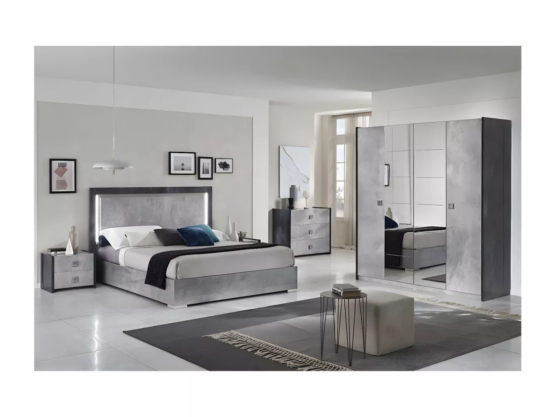 HYDE - Chambre Complète 160x200cm Gris Effet Pierre avec Leds