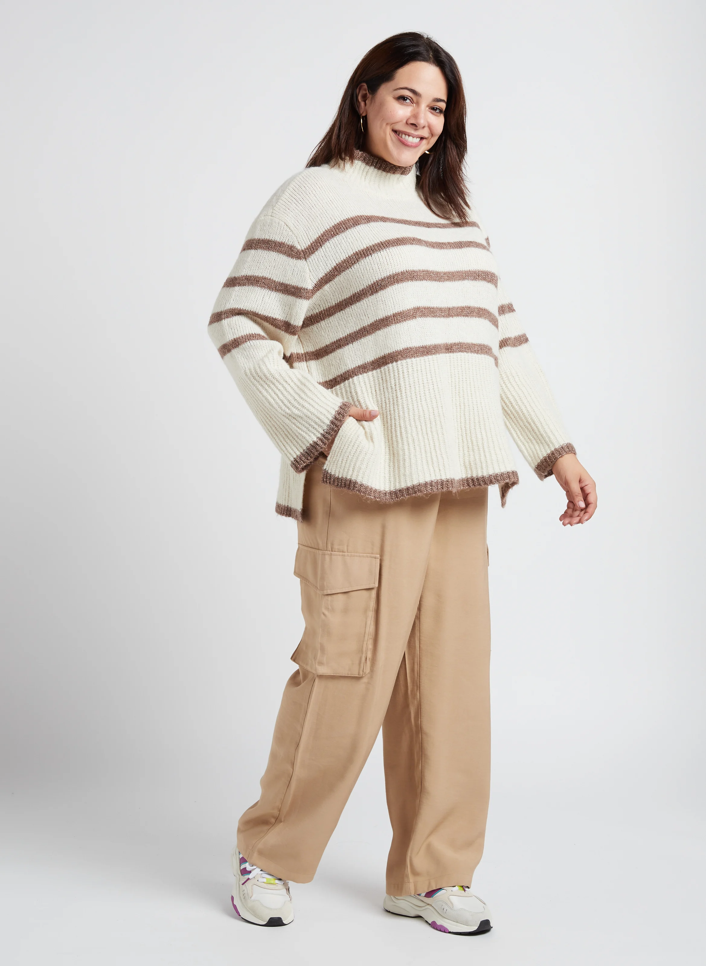 WIONA - Pull col montant à rayures| Beige