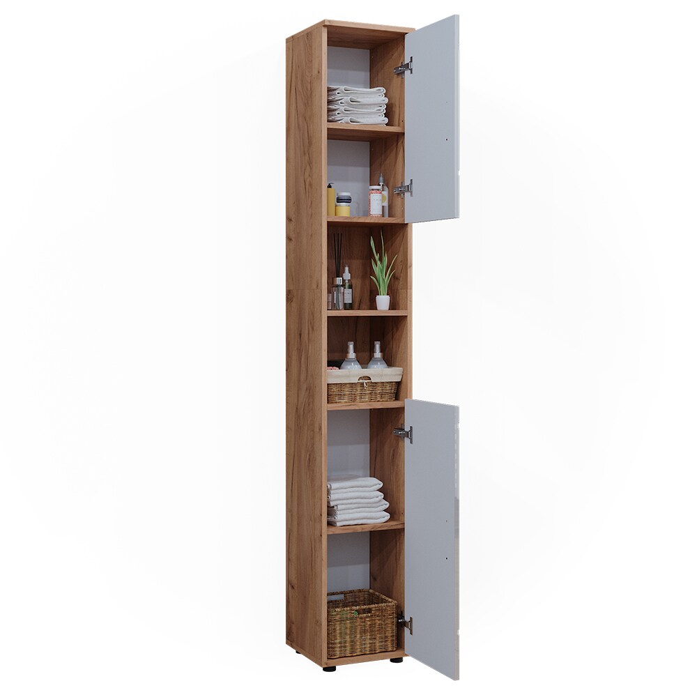 Vicco Hochschrank Badschrank Badezimmermöbel Irma Eiche Weiß Hochglanz modern 30x192 cm Badkommode Badezimmer Schrank Badmöbel 2 Türen 6 Fächer