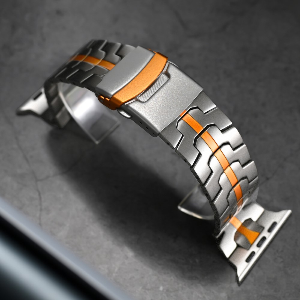 Apple Watch (49/46/45/44 mm) Edelstahl Reifenmuster Armband mit Faltschliesse (Gelenkumfang: 175 - 240 mm) - Titan / Orange