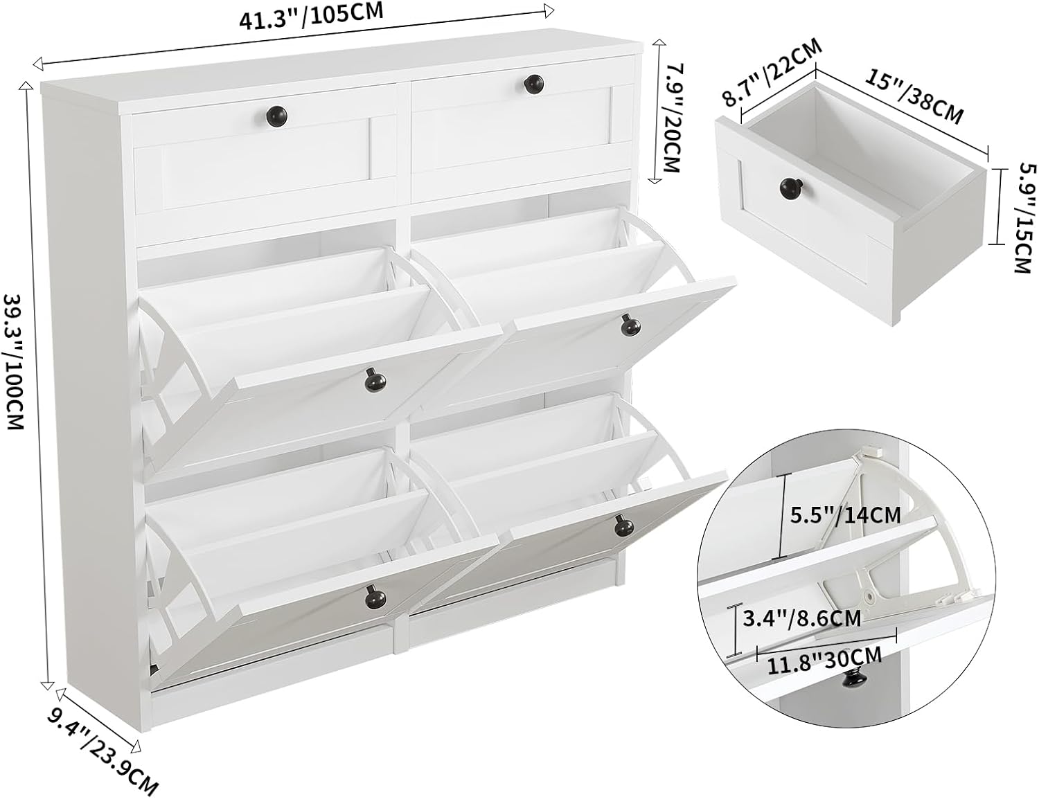 VOWNER Schuhschrank mit 4 Klappen, Schuhregal Schuhkipper Schmal, Schuhschrank Weiss, Schuhablage Verstellbar, 105 x 24 x 100 cm, Anti-Kipp-Vorrichtung für Eingangsbereich, Flur (Weiss)