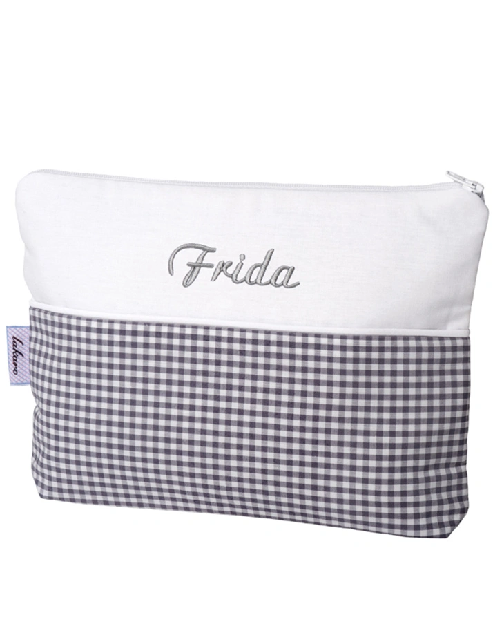 Personalisierte Kulturtasche NOSTALGIE grau (Stickfarbe: rot)