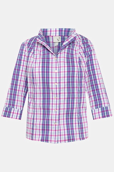 Bluse, Karo, Slim, Kelchkragen, V-Ausschnitt, 3/4-Arm