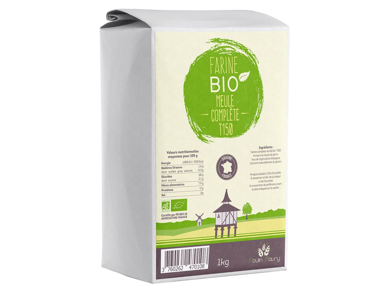 Farine complète T150 Bio - 1 kg - Moulin Maury