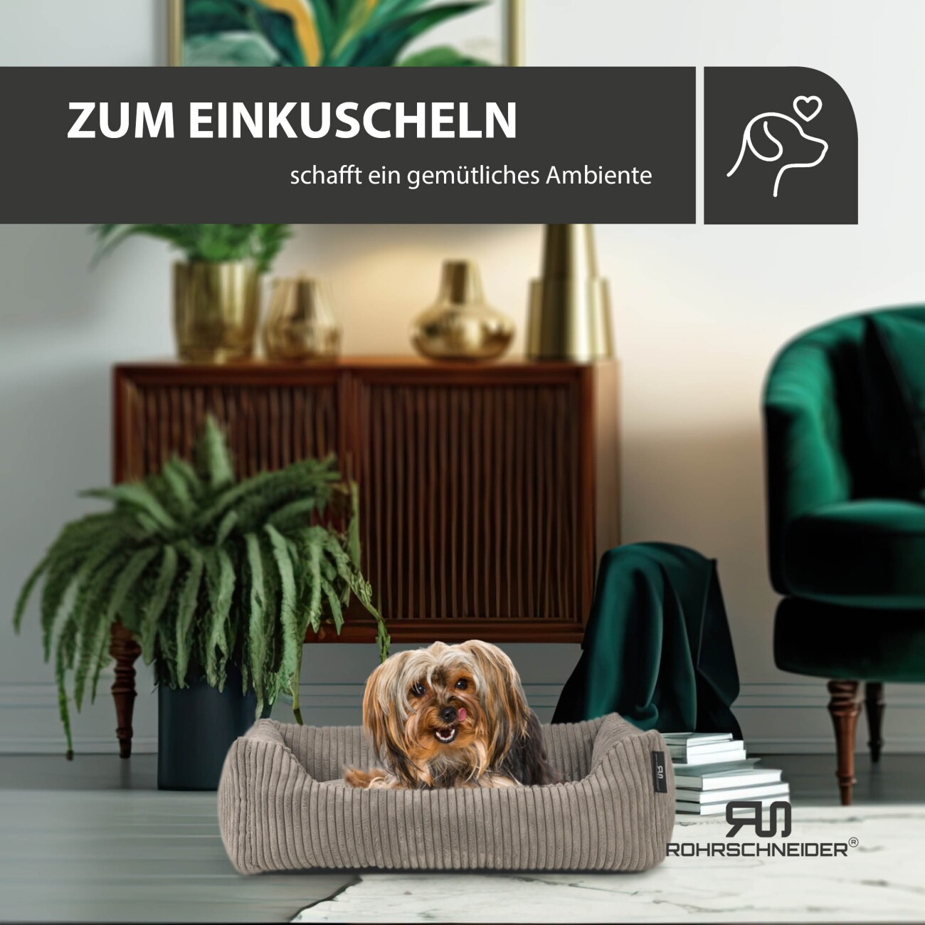 Rohrschneider ® Hundebett waschbar für kleine Hunde mit Hundekissen Cord (ca. 55x42 cm) inkl. Gassibeutel