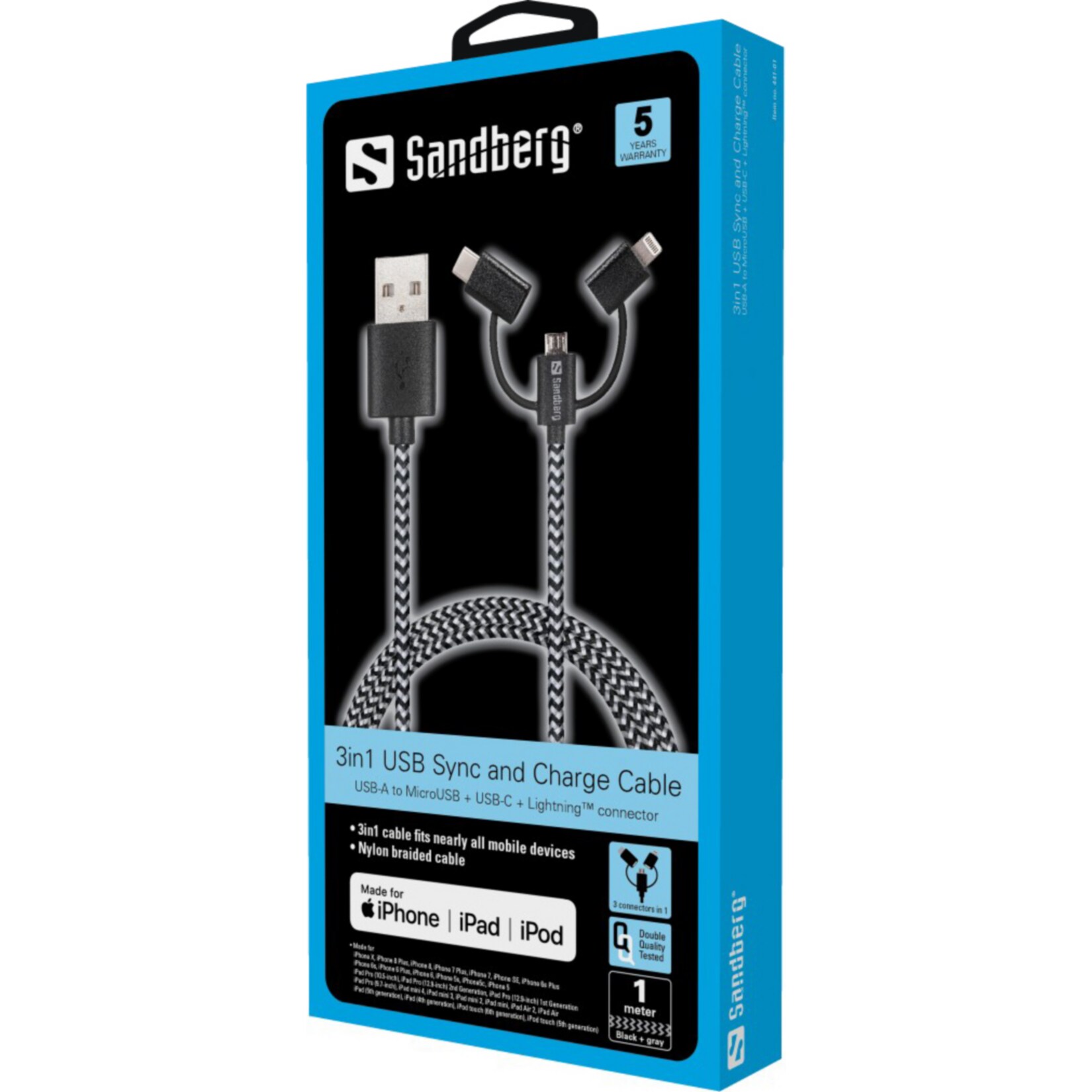 SANDBERG 3in1 Blitz MicroUSB USB-C 1m
