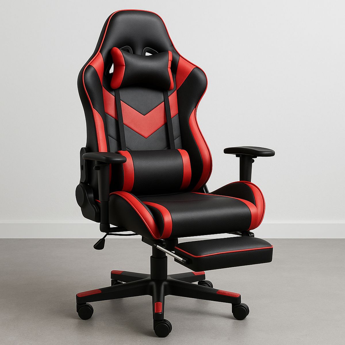 Gaming Stuhl schwarz/rot, PU-Leder, hoher Rücken, Kopf- und Lendenstütze, Fußstütze